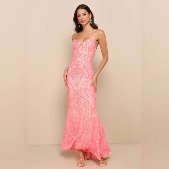 Lulus Limitless Glamour Coral Pink Sequin Lace-Up Maxi Dress M Wedding Party